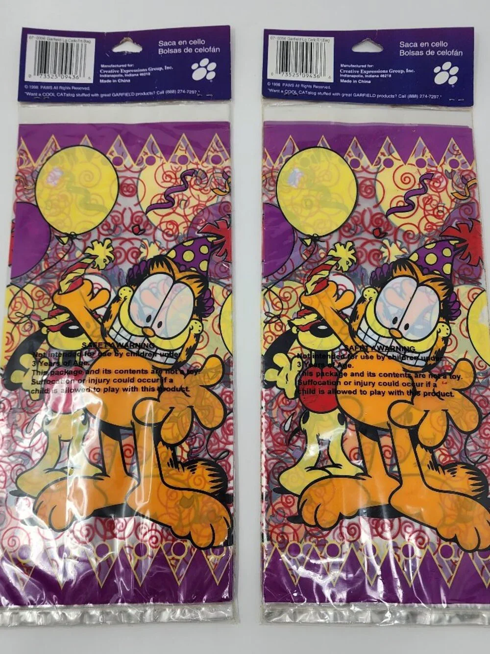 Vtg 90s Garfield Birthday or New Year's Party Supplies Treat Bags Lot of 2 Packs